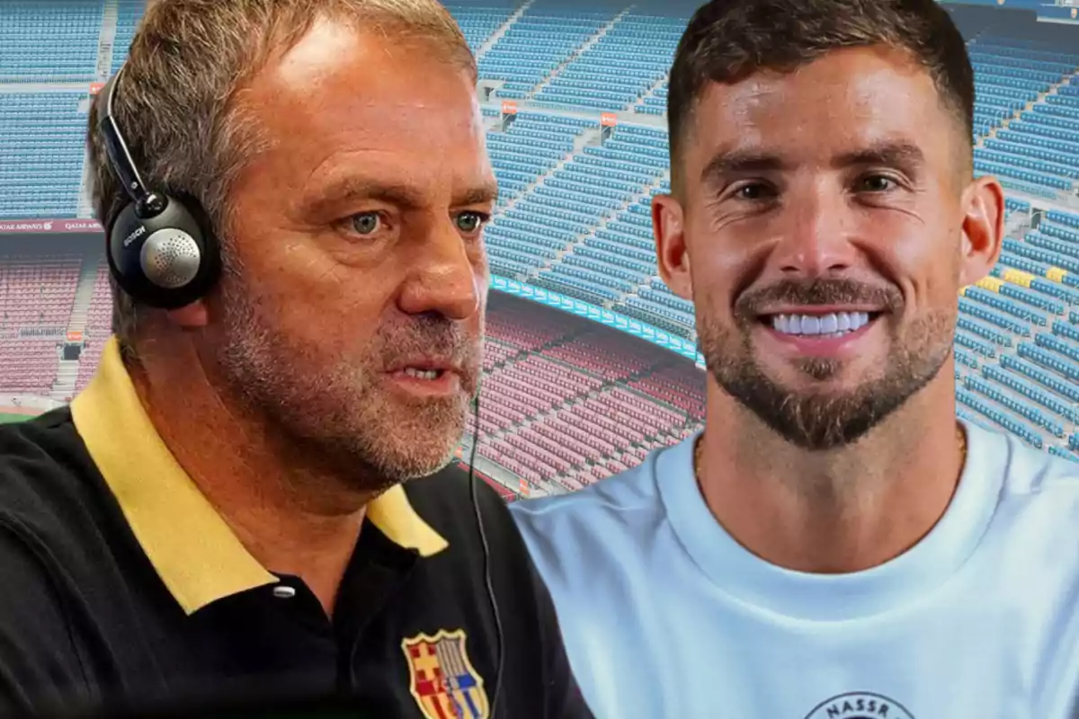Dos homes en primer pla, un amb auriculars i samarreta amb escut de Barcelona, l’altre somrient amb samarreta clara, tots dos davant de grades d’un estadi de futbol.