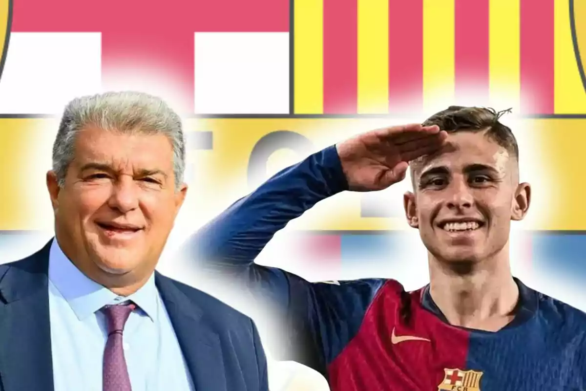 Two people smile in front of the FC Barcelona crest; one is wearing a suit and the other is dressed in the team uniform and giving a military salute. Two people smile in front of the FC Barcelona crest; one is wearing a suit and the other is dressed in the team uniform and giving a military salute.