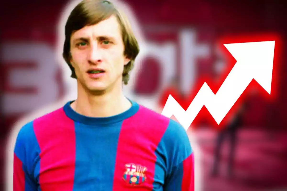 Futbolista amb samarreta blava i grana del Barcelona davant d’una fletxa ascendent blanca sobre un fons vermell difuminat