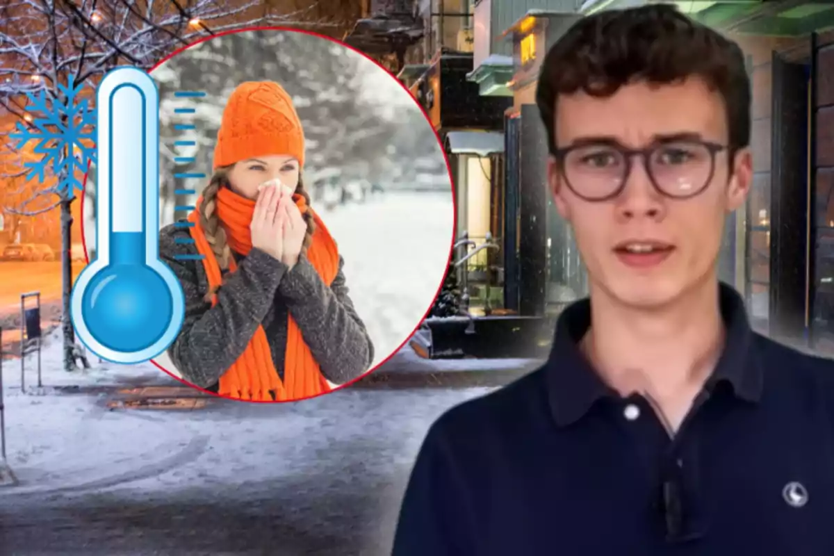Joven con gafas al frente y al fondo una calle nevada con una mujer abrigada usando bufanda y gorro naranja junto a un termómetro que indica frío