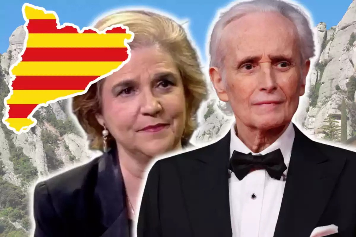 Dos personas mayores en primer plano, una mujer y un hombre elegantemente vestidos, con un fondo de montañas y la silueta de Cataluña con franjas rojas y amarillas en la esquina superior izquierda