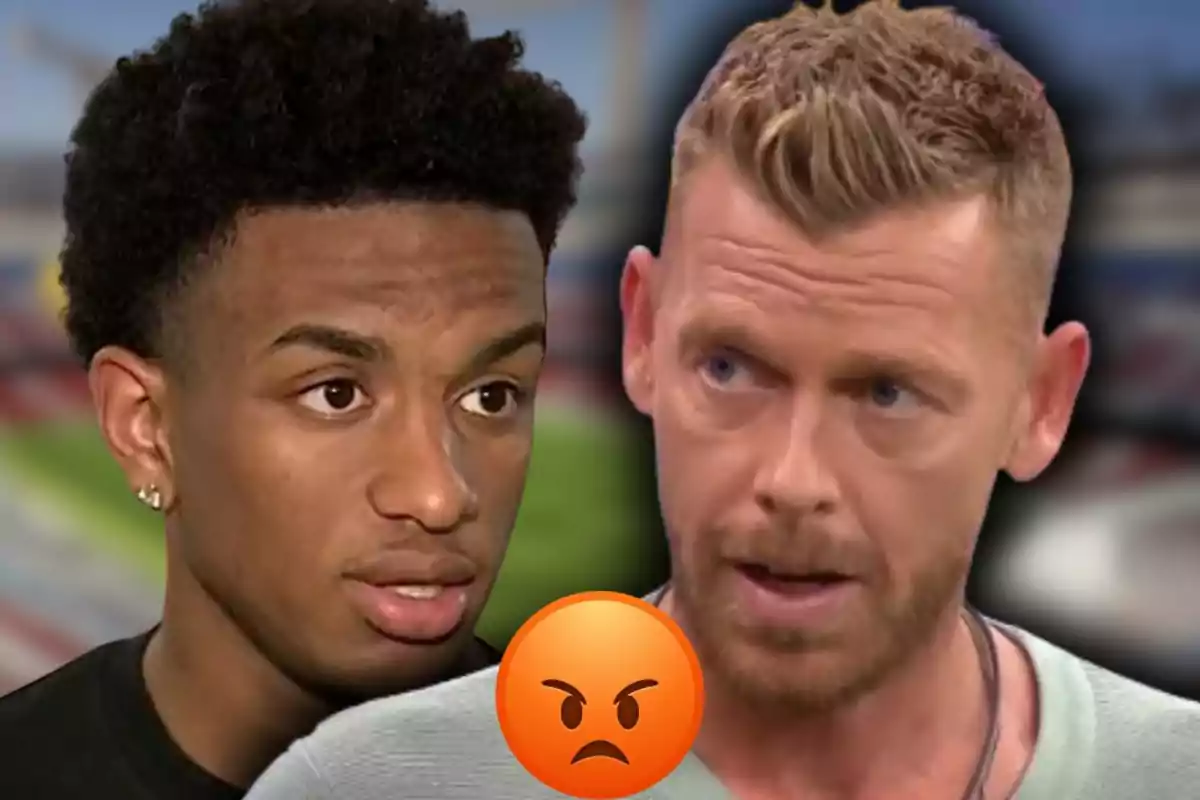 Two men staring at each other with serious expressions and an angry emoji in the center