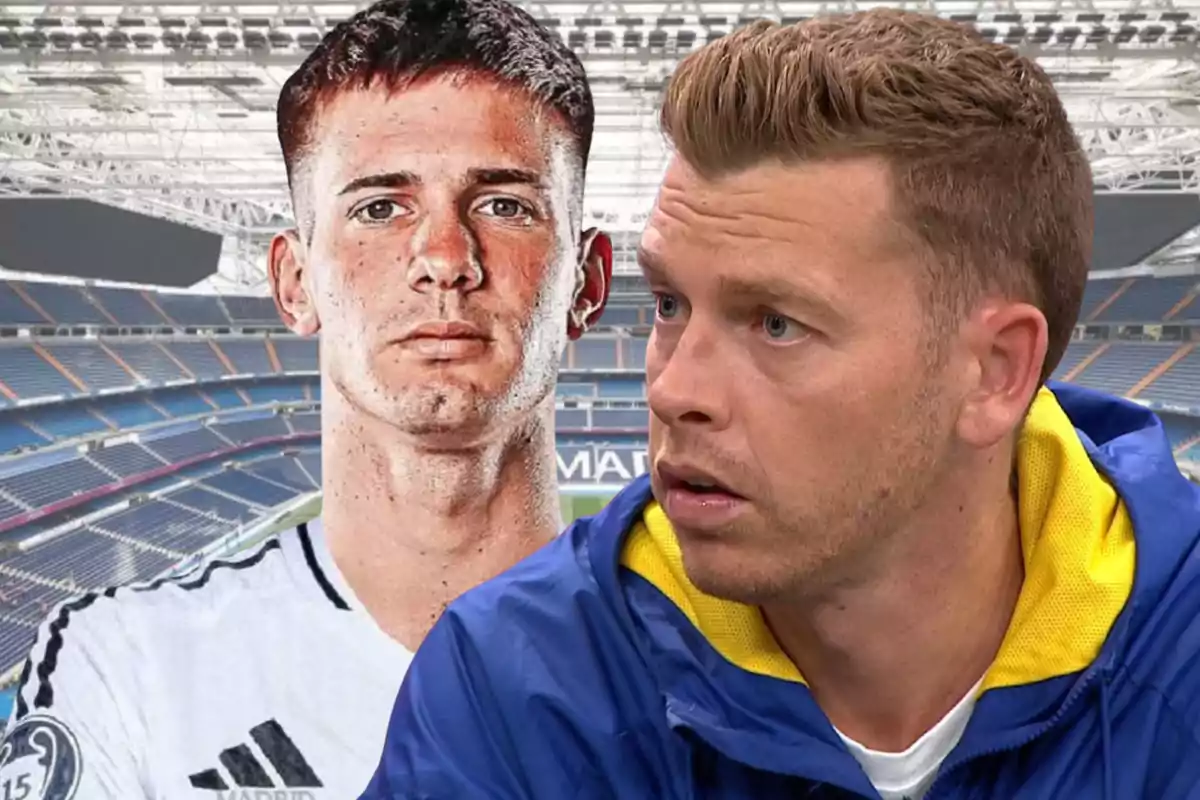 Dos hombres en un estadio de fútbol uno con chaqueta azul y amarillo y otro con camiseta blanca