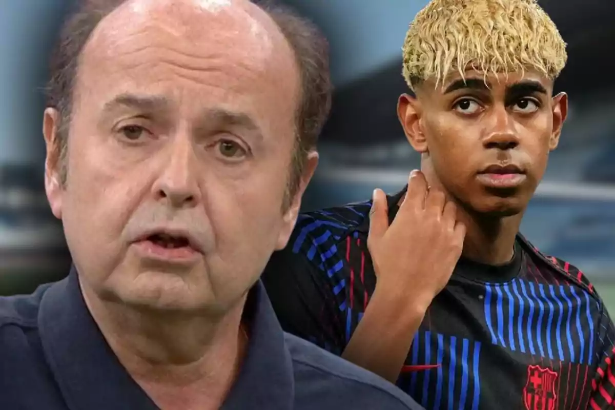 Un hombre de mediana edad con expresión seria aparece en primer plano mientras al fondo se ve a un joven futbolista con el uniforme del Barcelona y el cabello rubio rizado