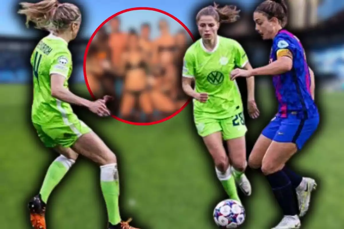 Three players contesting a ball on a field, two wearing green uniforms and one wearing a blue and red uniform, with a blurred image in the background inside a red circle.