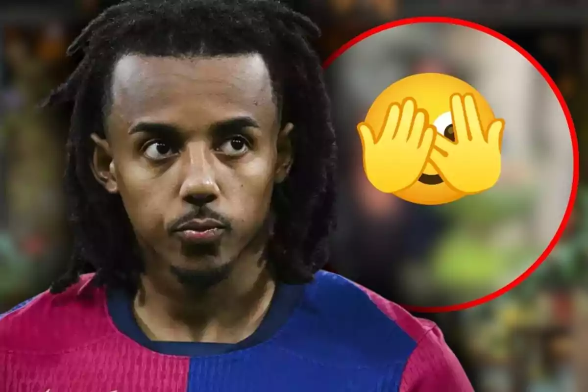 Futbolista con expresión seria y un emoji de carita cubriéndose los ojos dentro de un círculo rojo al fondo