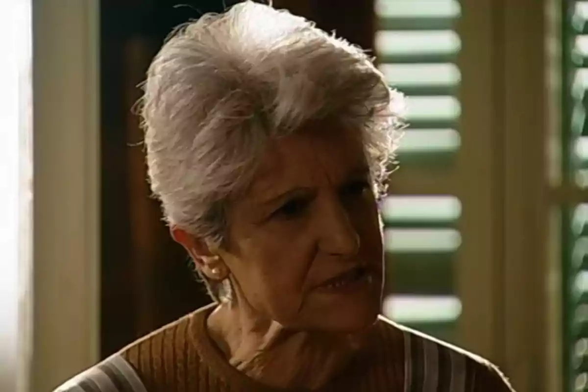 Dona gran de cabells canosos amb expressió seriosa en un ambient interior il·luminat per la llum que entra per una finestra amb persianes verdes Dona gran de cabells canosos amb expressió seriosa en un ambient interior il·luminat per la llum que entra per una finestra amb persianes verdes