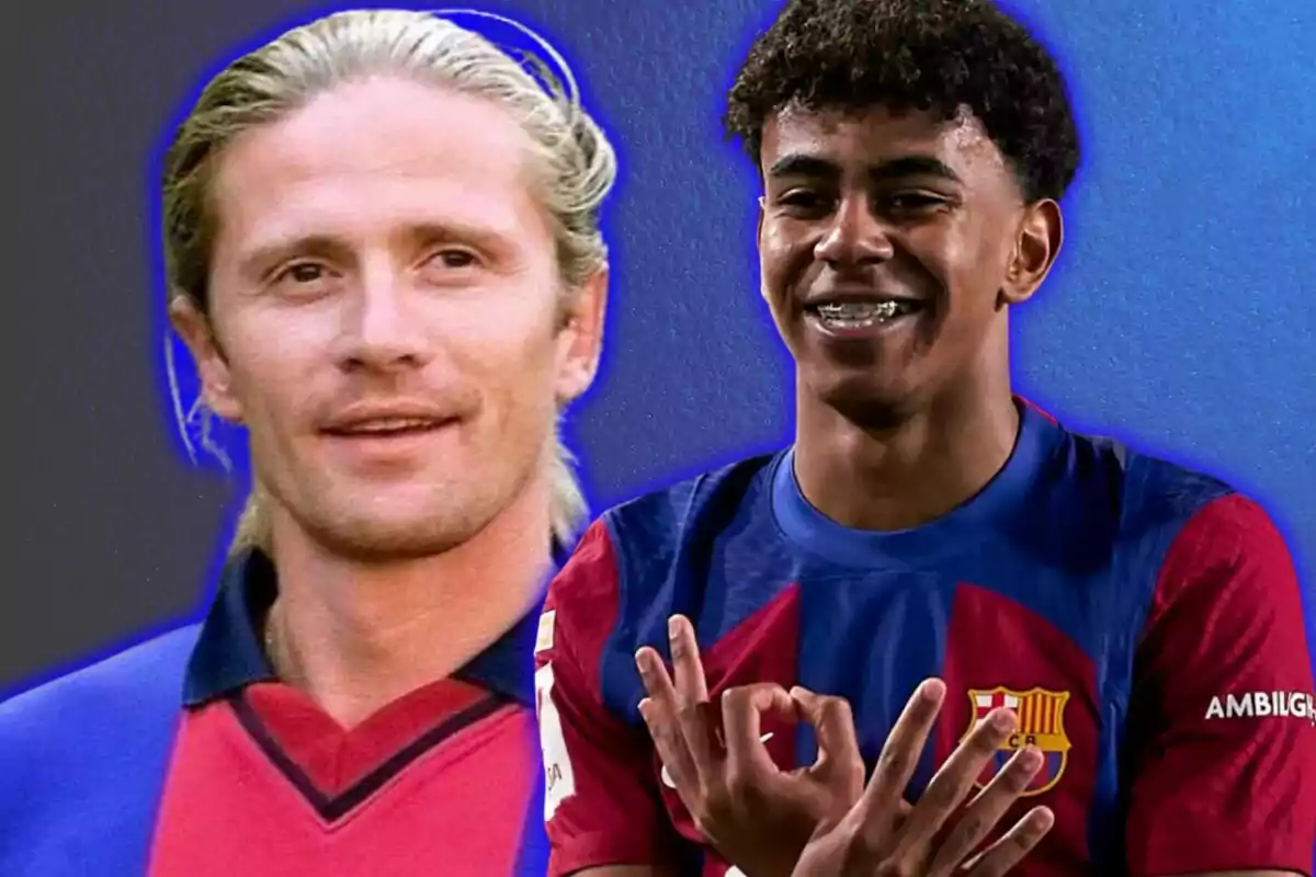 Two players wearing Barcelona jerseys, one with long blond hair and the other a young man with curly hair and a smile, posing in front of a blue background.