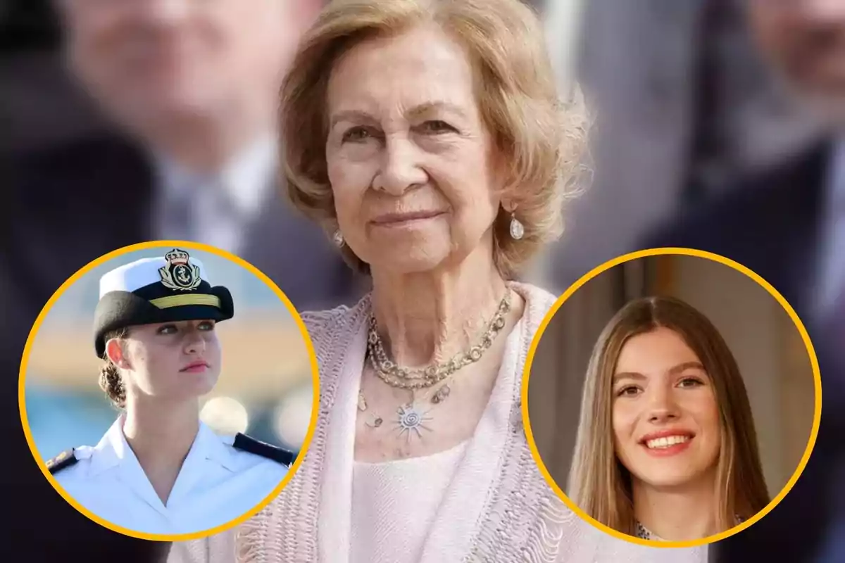 Una mujer mayor en el centro con expresión serena, rodeada por dos círculos amarillos que muestran a una joven con uniforme de marina a la izquierda y a una joven sonriente a la derecha.