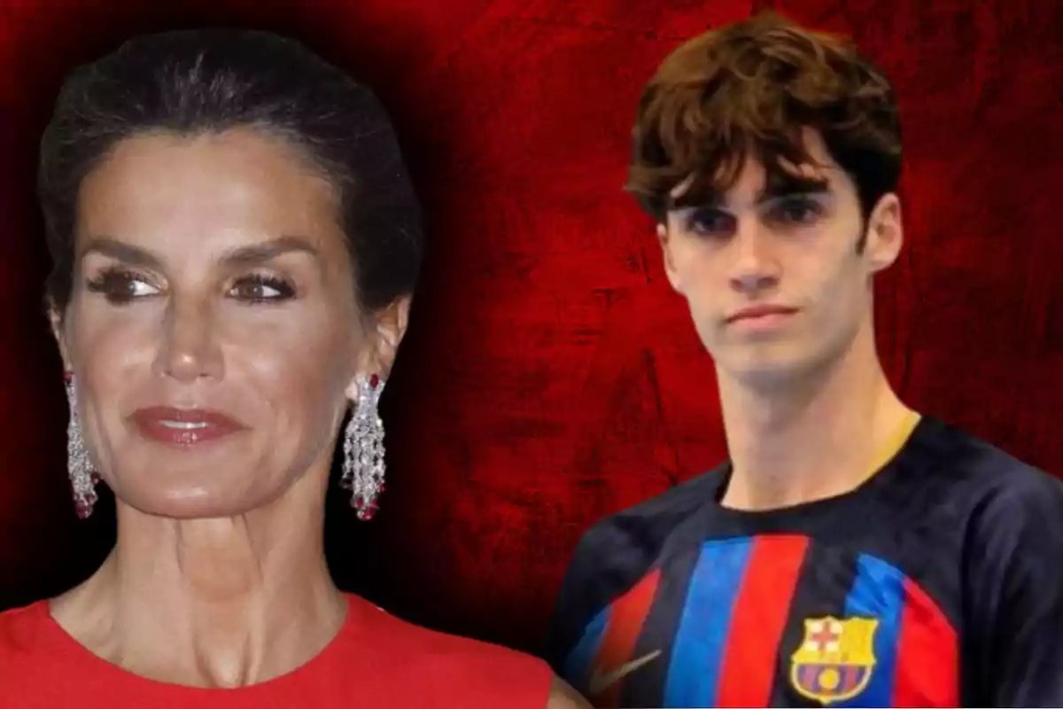 Una dona amb vestit vermell i arracades llargues al costat d’un jove amb samarreta del Barcelona sobre un fons vermell.