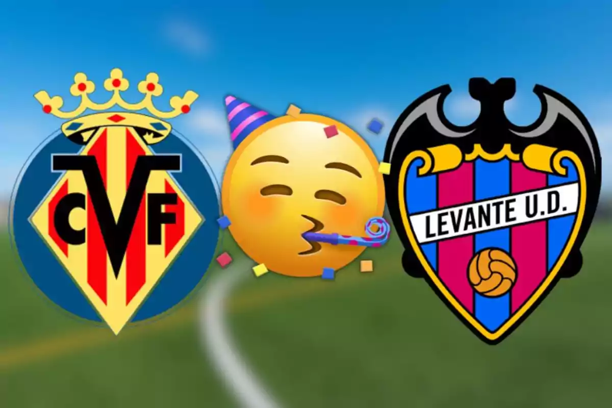 Escuts del Vila-real i del Llevant amb un emoji de festa al centre sobre un fons de camp de futbol desenfocat