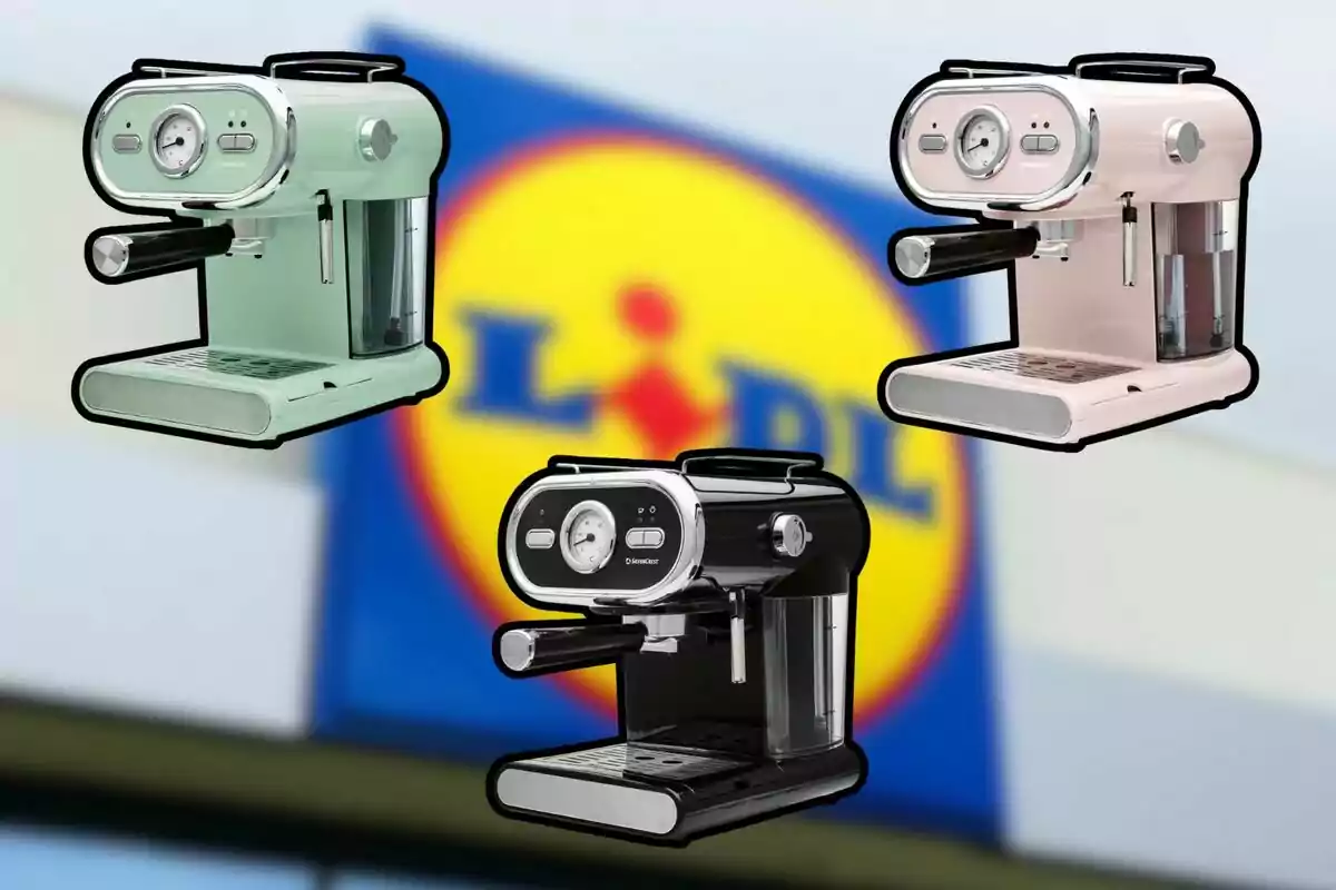 Three coffee makers of different colors float in front of the blurred Lidl store logo in the background. Three coffee makers of different colors float in front of the blurred Lidl store logo in the background.