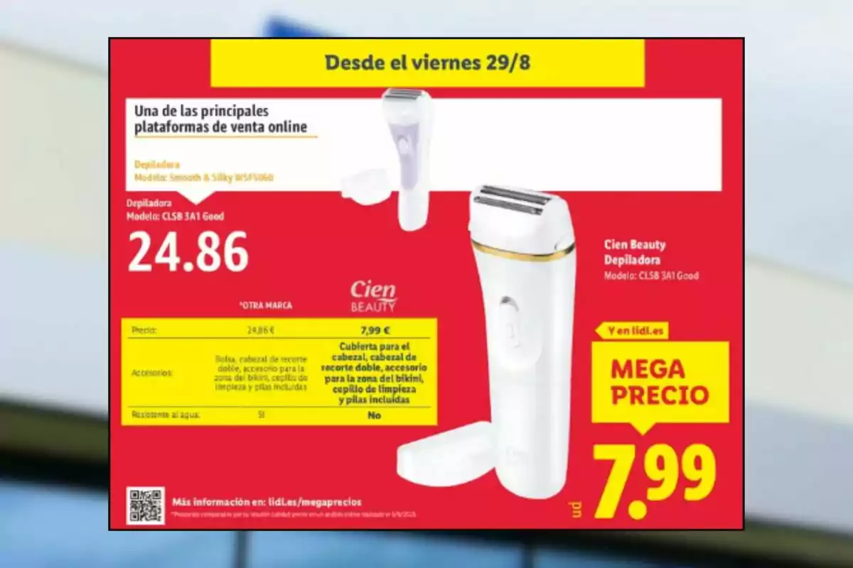 Advertisement for a white Cien Beauty electric epilator on sale at Lidl, featuring a discounted price of 7.99 euros and showing the product with its accessories on a red and yellow background Advertisement for a white Cien Beauty electric epilator on sale at Lidl, featuring a discounted price of 7.99 euros and showing the product with its accessories on a red and yellow background