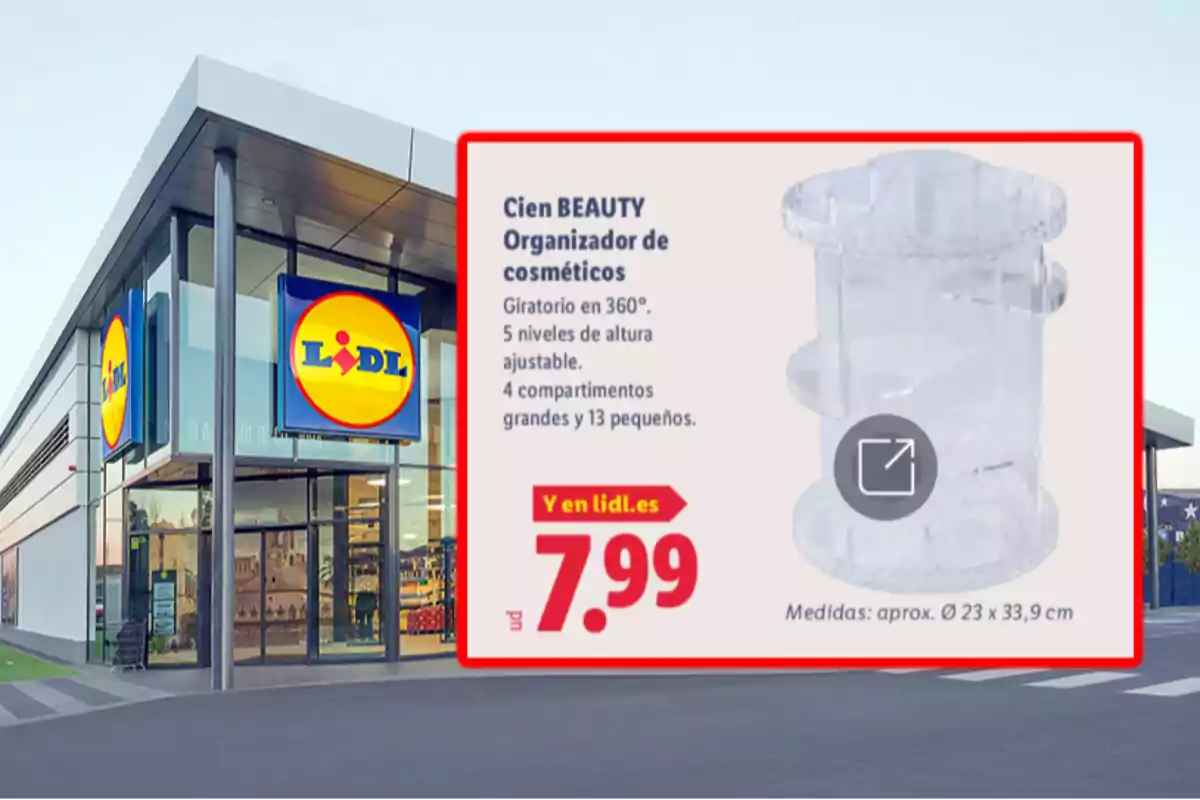 Storefront of a Lidl with an advertisement for a 360-degree rotating cosmetic organizer priced at 7.99 euros Storefront of a Lidl with an advertisement for a 360-degree rotating cosmetic organizer priced at 7.99 euros