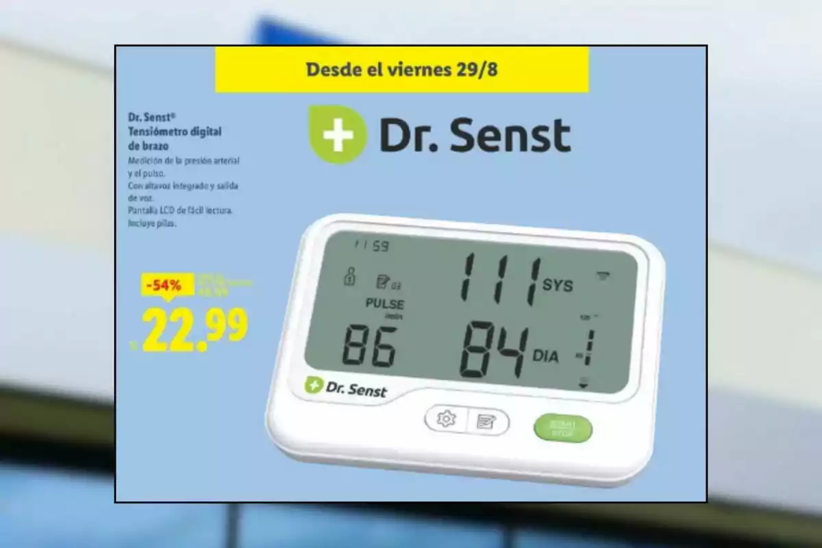 Advertisement for a Dr. Senst digital arm blood pressure monitor with LCD screen, special offer price of 22.99 euros Advertisement for a Dr. Senst digital arm blood pressure monitor with LCD screen, special offer price of 22.99 euros