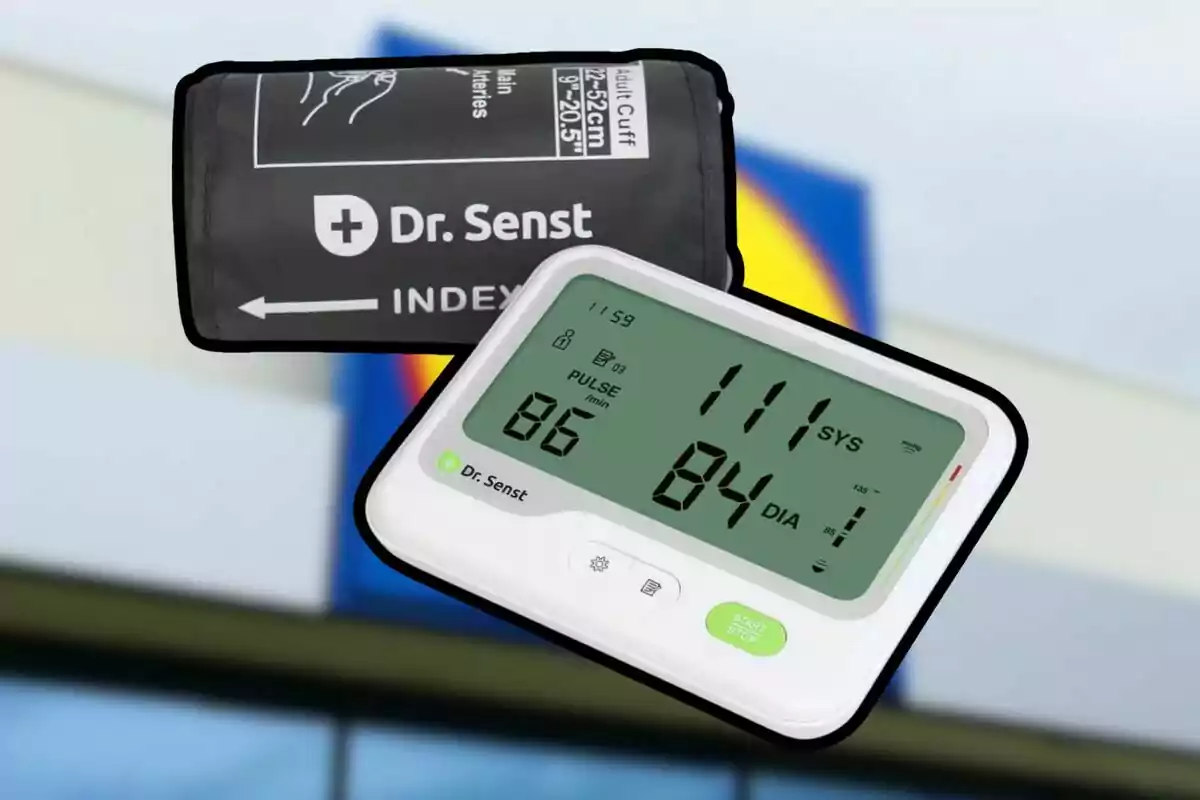 Dr. Senst digital blood pressure monitor with cuff and display showing blood pressure measurement against a blurred background Dr. Senst digital blood pressure monitor with cuff and display showing blood pressure measurement against a blurred background