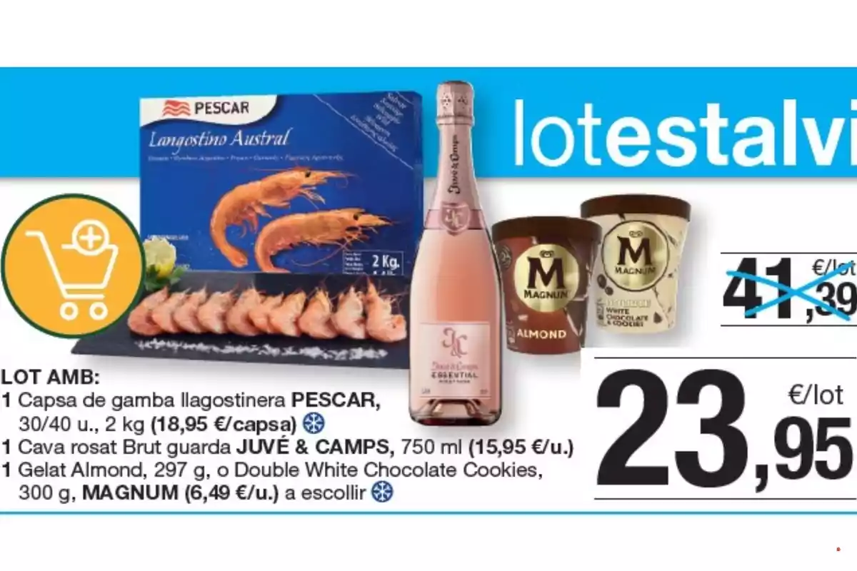 Oferta de lot que inclou una caixa de llagostins, una ampolla de cava rosat i un gelat Magnum, amb el preu rebaixat a 23,95 euros Oferta de lot que inclou una caixa de llagostins, una ampolla de cava rosat i un gelat Magnum, amb el preu rebaixat a 23,95 euros