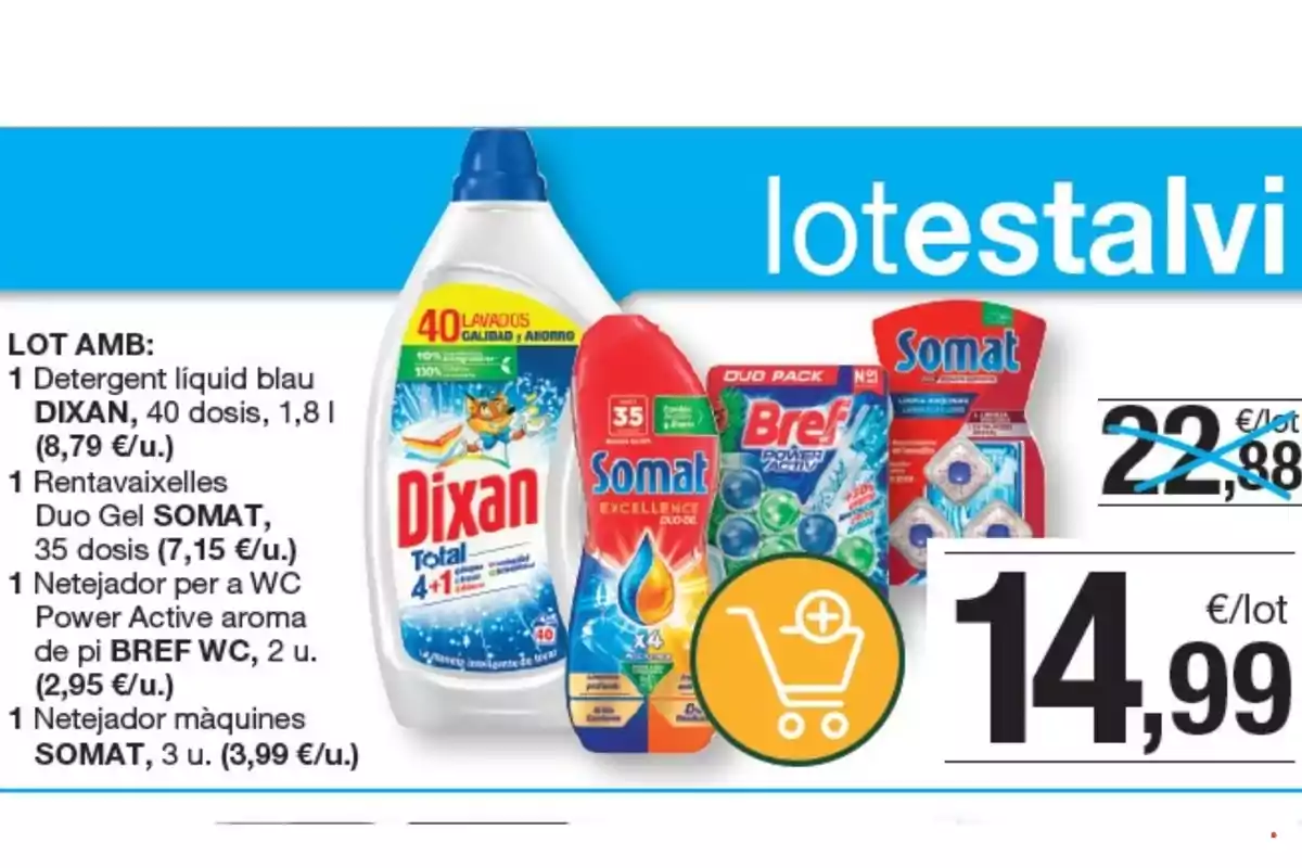 Imatge d’un lot de productes de neteja que inclou detergent Dixan, gel rentavaixelles Somat, netejador per a WC Bref i netejador de màquines Somat, amb un preu promocional de 14,99 euros destacat en gran sobre el preu anterior ratllat de 22,88 euros. Imatge d’un lot de productes de neteja que inclou detergent Dixan, gel rentavaixelles Somat, netejador per a WC Bref i netejador de màquines Somat, amb un preu promocional de 14,99 euros destacat en gran sobre el preu anterior ratllat de 22,88 euros.