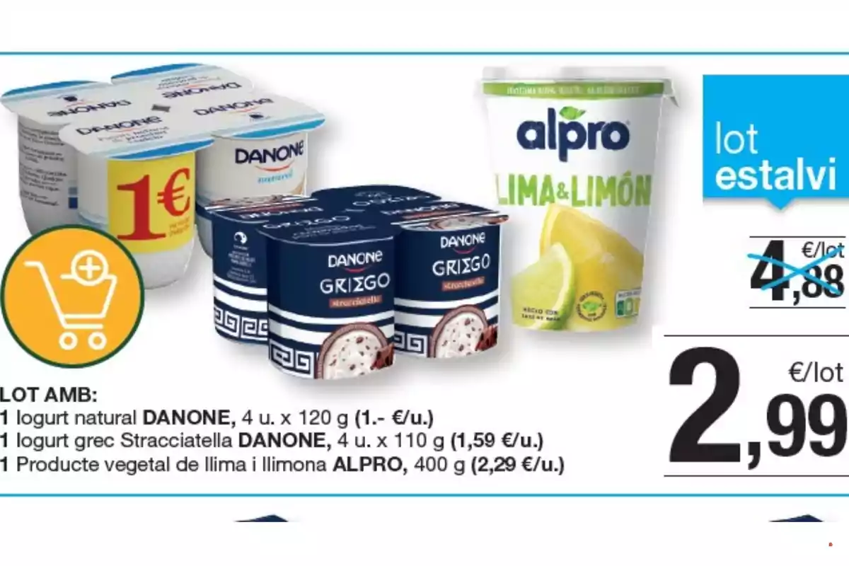Oferta de pack de iogurts Danone natural, Danone grec stracciatella i producte vegetal Alpro llima i llimona per 2,99 euros Oferta de pack de iogurts Danone natural, Danone grec stracciatella i producte vegetal Alpro llima i llimona per 2,99 euros