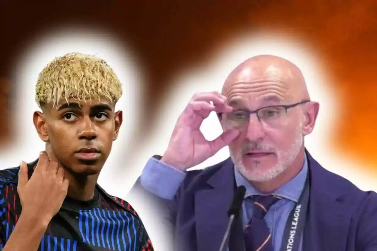 A young man with curly blond hair and a sports jersey next to a bald man with glasses and a suit, both against a blurred brown-toned background.