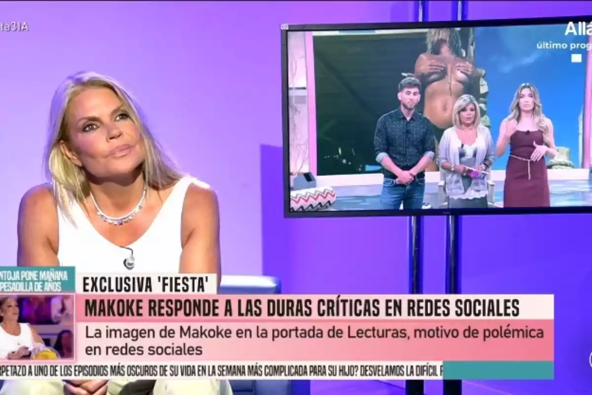 Makoke, vestida de blanc i asseguda, mira atenta en una pantalla als presentadors de 'Festa' (César Muñoz, Terelu Campos i Álex Blanquer) Makoke, vestida de blanc i asseguda, mira atenta en una pantalla als presentadors de 'Festa' (César Muñoz, Terelu Campos i Álex Blanquer)