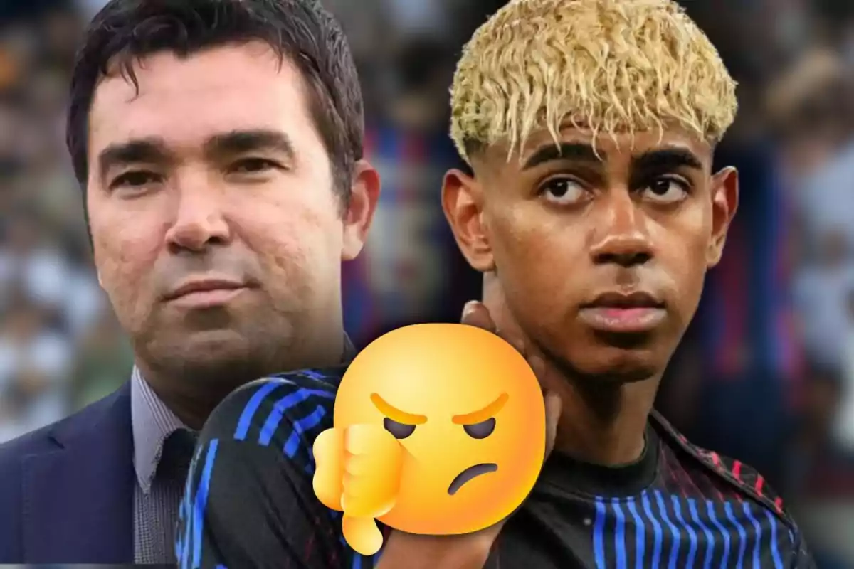 Dos hombres en primer plano con un emoji de desaprobación sobrepuesto