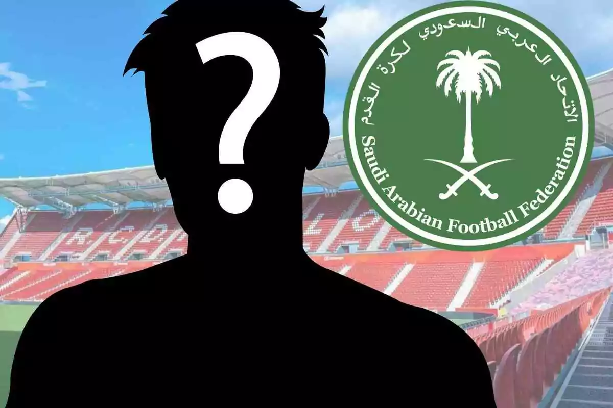 Silueta d’una persona amb un signe d’interrogació davant d’un estadi de futbol i el logotip de la Federació de Futbol de l’Aràbia Saudita