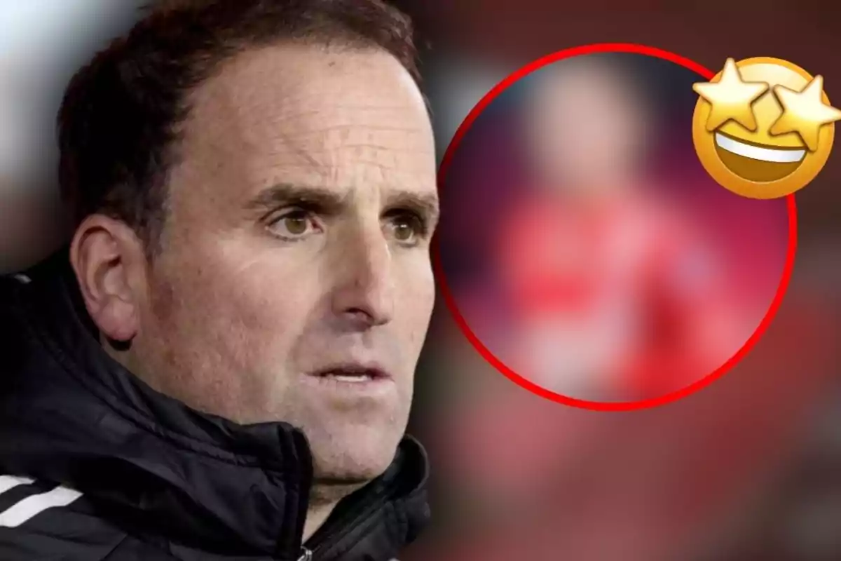 Hombre de cabello corto y expresión seria en primer plano con un círculo borroso y un emoji de estrellas en el fondo