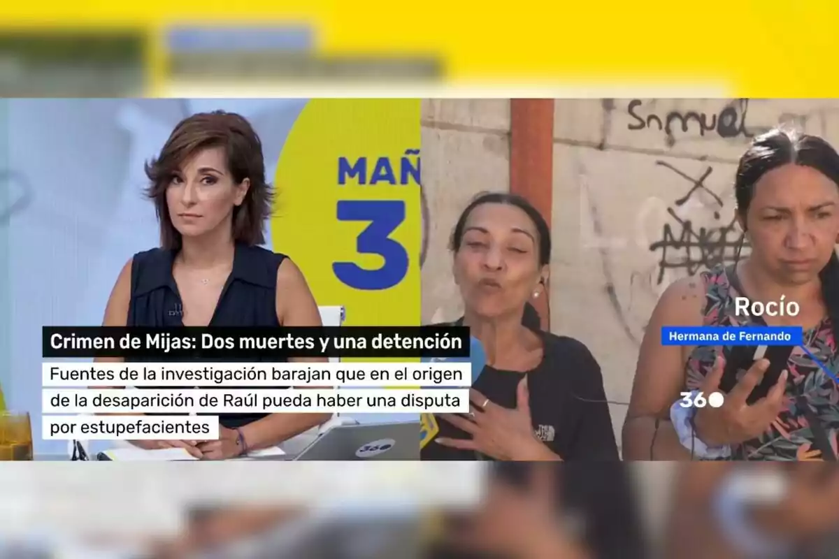 Adela González en un estudio y dos mujeres siendo entrevistadas en la calle, con información sobre un crimen en Mijas y una posible disputa por estupefacientes. Captura de 'Mañaneros' Adela González en un estudio y dos mujeres siendo entrevistadas en la calle, con información sobre un crimen en Mijas y una posible disputa por estupefacientes. Captura de 'Mañaneros'