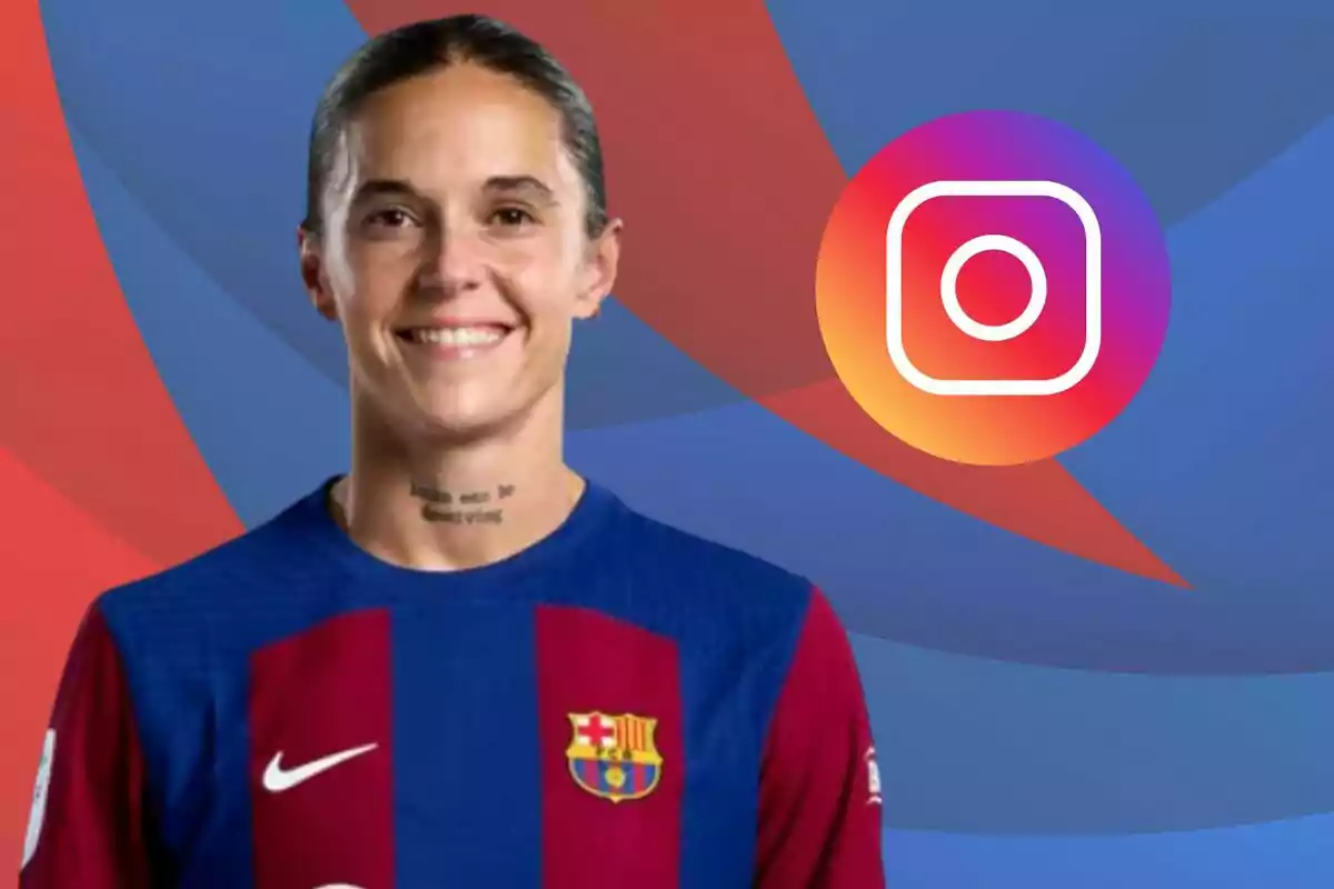 Futbolista del Barcelona femenino sonriente con el logo de Instagram al fondo sobre un diseño de colores azul y rojo