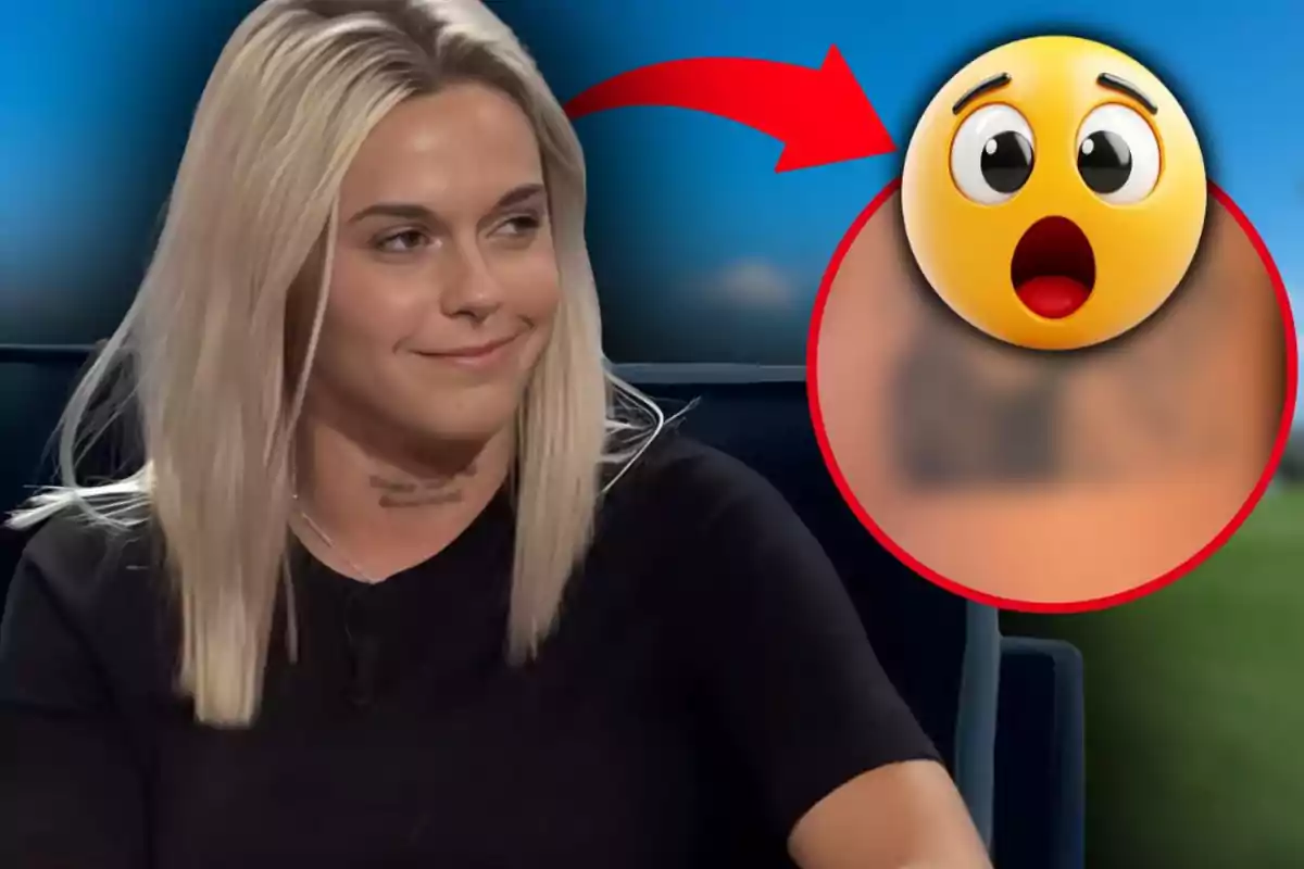 Dona de cabell ros asseguda i somrient amb un cercle ampliat que mostra un emoji sorprès i una fletxa vermella que assenyala el seu coll