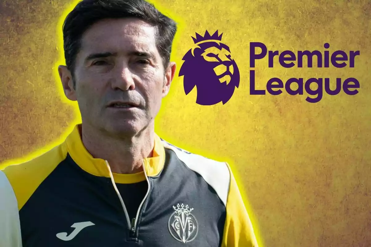 Entrenador con chaqueta del Villarreal y el logo de la Premier League sobre un fondo amarillo