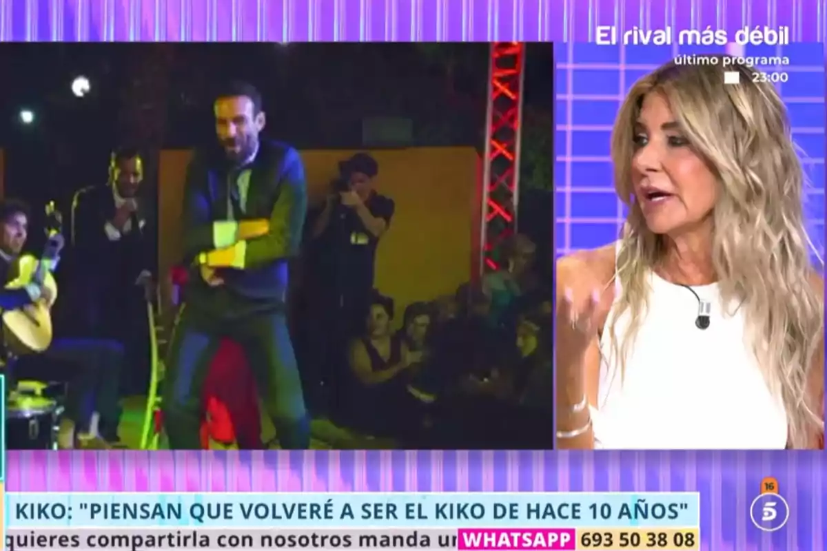 Marisa Martín-Blázquez amb vestit blanc parla en un programa de televisió mentre a la pantalla es mostra un home ballant flamenc acompanyat de músics i públic al fons. Marisa Martín-Blázquez amb vestit blanc parla en un programa de televisió mentre a la pantalla es mostra un home ballant flamenc acompanyat de músics i públic al fons.
