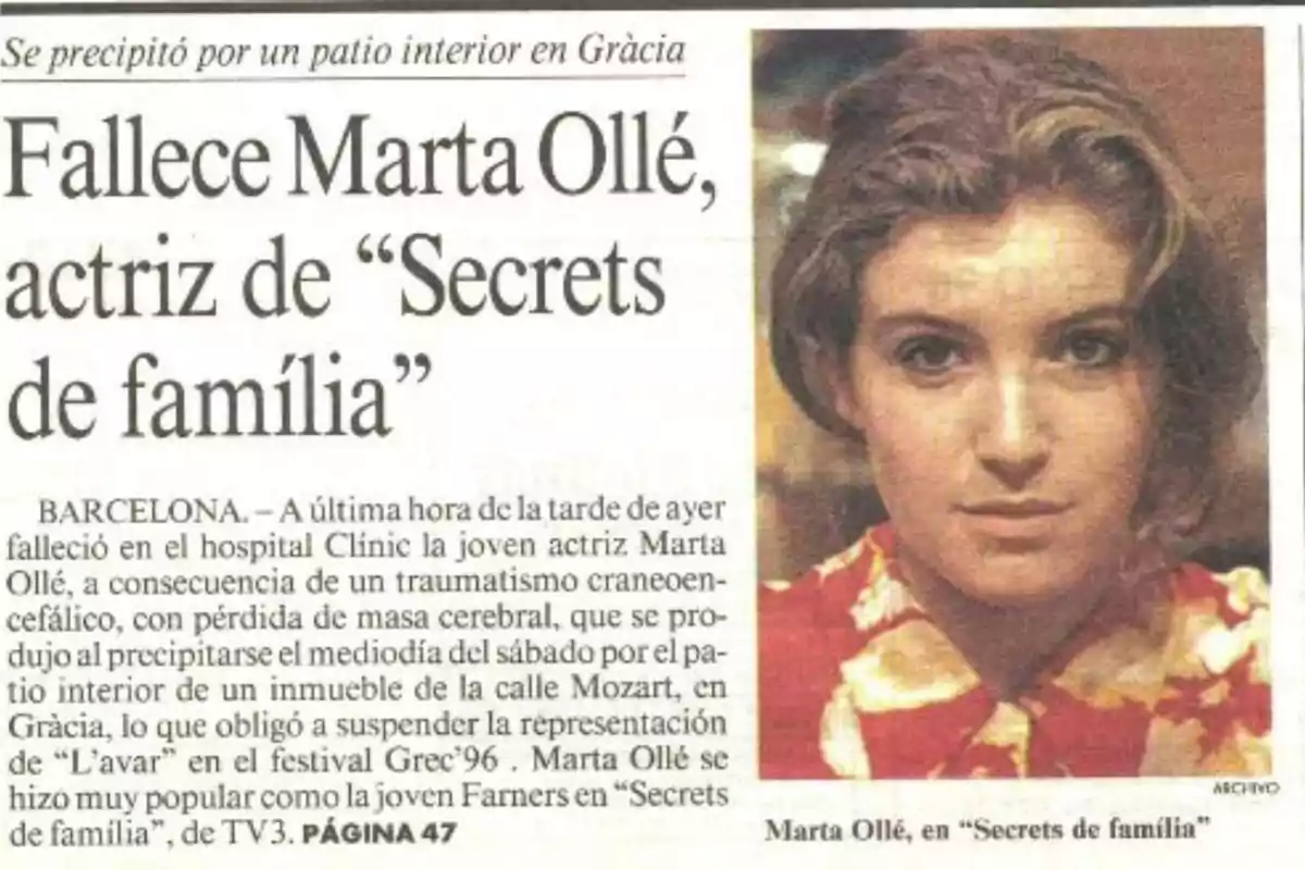 Portada de diari que anuncia la mort de Marta Ollé, actriu de la sèrie Secrets de família, juntament amb una fotografia seva en primer pla Portada de diari que anuncia la mort de Marta Ollé, actriu de la sèrie Secrets de família, juntament amb una fotografia seva en primer pla