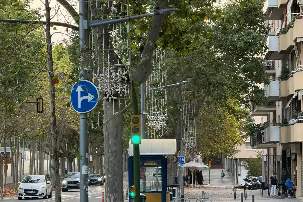 Carrer arbrat amb semàfor en verd, senyal de trànsit blau indicant direccions permeses, llums decoratives penjades i persones caminant al costat d’edificis i cotxes aparcats. Carrer arbrat amb semàfor en verd, senyal de trànsit blau indicant direccions permeses, llums decoratives penjades i persones caminant al costat d’edificis i cotxes aparcats.