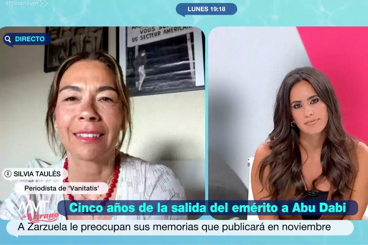 Silvia Taulés and Marina Valdés take part in a television interview, one appearing via video call and the other in the studio, with a caption mentioning five years since the emeritus left for Abu Dhabi and concern over memoirs to be published in November. Screenshot from 'Más Vale Tarde' Silvia Taulés and Marina Valdés take part in a television interview, one appearing via video call and the other in the studio, with a caption mentioning five years since the emeritus left for Abu Dhabi and concern over memoirs to be published in November. Screenshot from 'Más Vale Tarde'