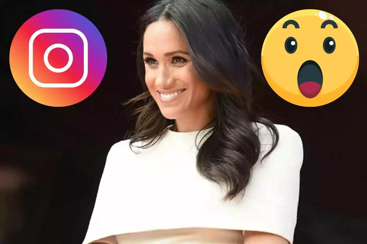 Dona somrient amb cabell fosc i solt, vestida de blanc, acompanyada d’un logotip d’Instagram a l’esquerra i un emoji de sorpresa a la dreta