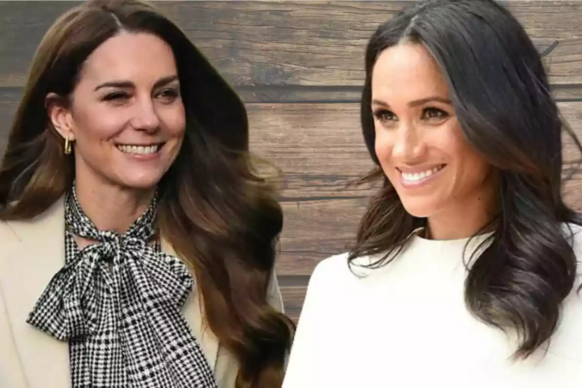 Two smiling women with long dark hair pose in front of a wooden background. Two smiling women with long dark hair pose in front of a wooden background.