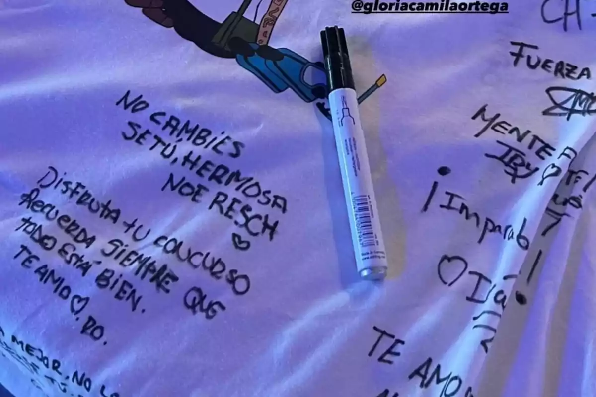 Imagen de una camiseta blanca con varios mensajes escritos a mano a Gloria Camila, en el que destaca el de Rocío Flores Imagen de una camiseta blanca con varios mensajes escritos a mano a Gloria Camila, en el que destaca el de Rocío Flores