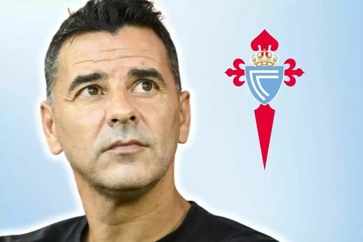 Hombre de cabello oscuro mirando hacia un lado con el escudo del Celta de Vigo al fondo sobre un fondo azul claro