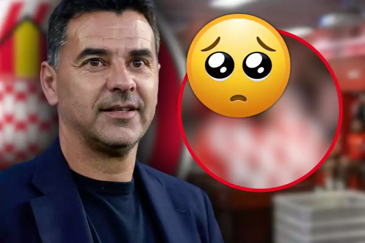 Home de cabells foscos amb expressió seriosa al costat d’un emoji de carona trista amb ulls grans i brillants