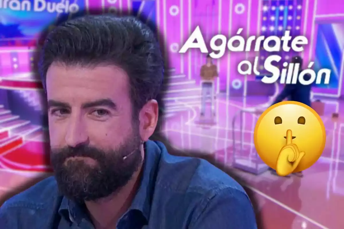 Rafa Castaño con expresión seria en un set de televisión colorido con el texto Agárrate al Sillón y un emoji de silencio