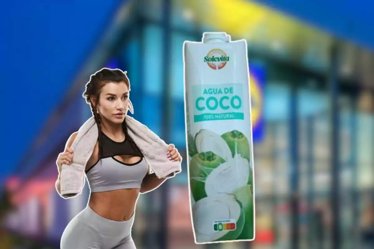 Dona esportista amb una tovallola a les espatlles al costat d’un envàs d’aigua de coco de la marca Solevita sobre un fons desenfocat Dona esportista amb una tovallola a les espatlles al costat d’un envàs d’aigua de coco de la marca Solevita sobre un fons desenfocat