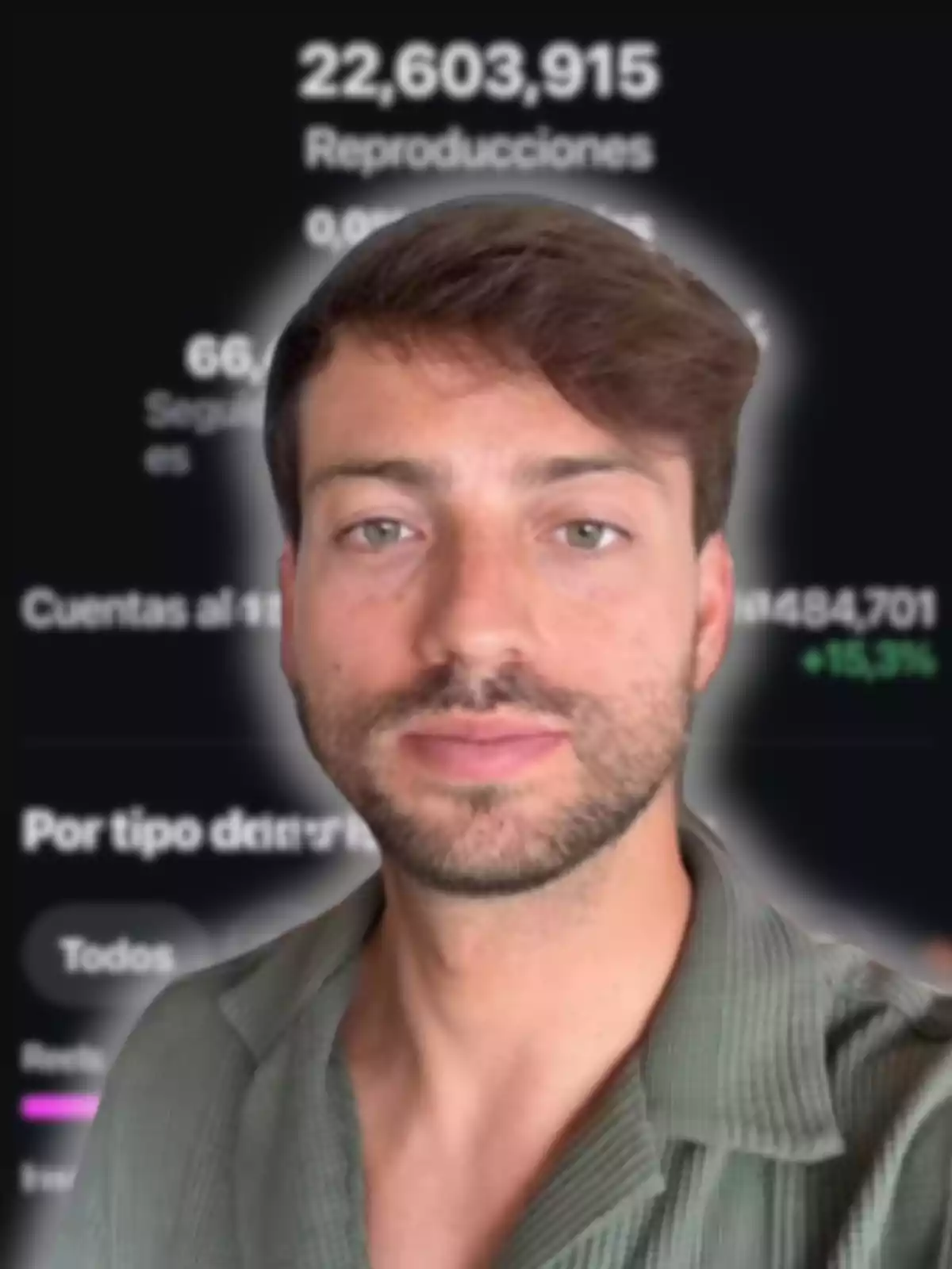 Un hombre joven con barba y cabello castaño claro posa frente a una pantalla borrosa que muestra estadísticas de reproducciones digitales. Un hombre joven con barba y cabello castaño claro posa frente a una pantalla borrosa que muestra estadísticas de reproducciones digitales.