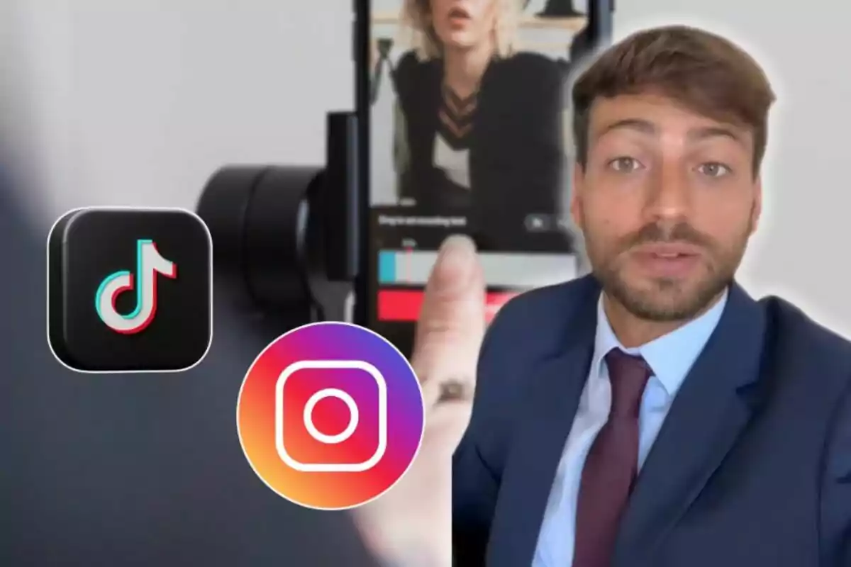 Hombre con traje hablando frente a la cámara con los logos de TikTok e Instagram y un teléfono móvil en el fondo mostrando una grabación. Hombre con traje hablando frente a la cámara con los logos de TikTok e Instagram y un teléfono móvil en el fondo mostrando una grabación.