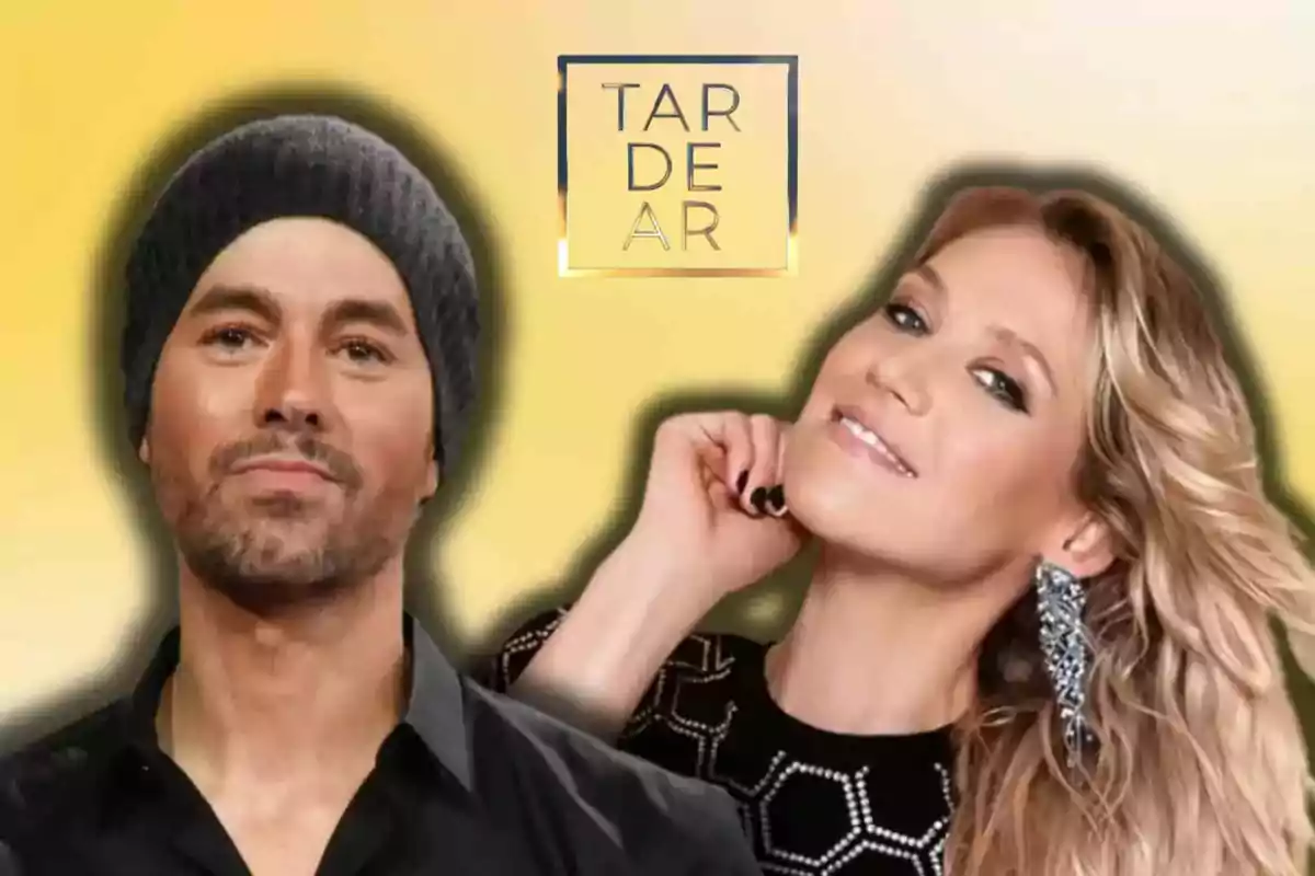 Anna Kournikova i Enrique Iglesias posant davant d’un fons groc amb un logotip quadrat que diu TARDEAR a la part superior
