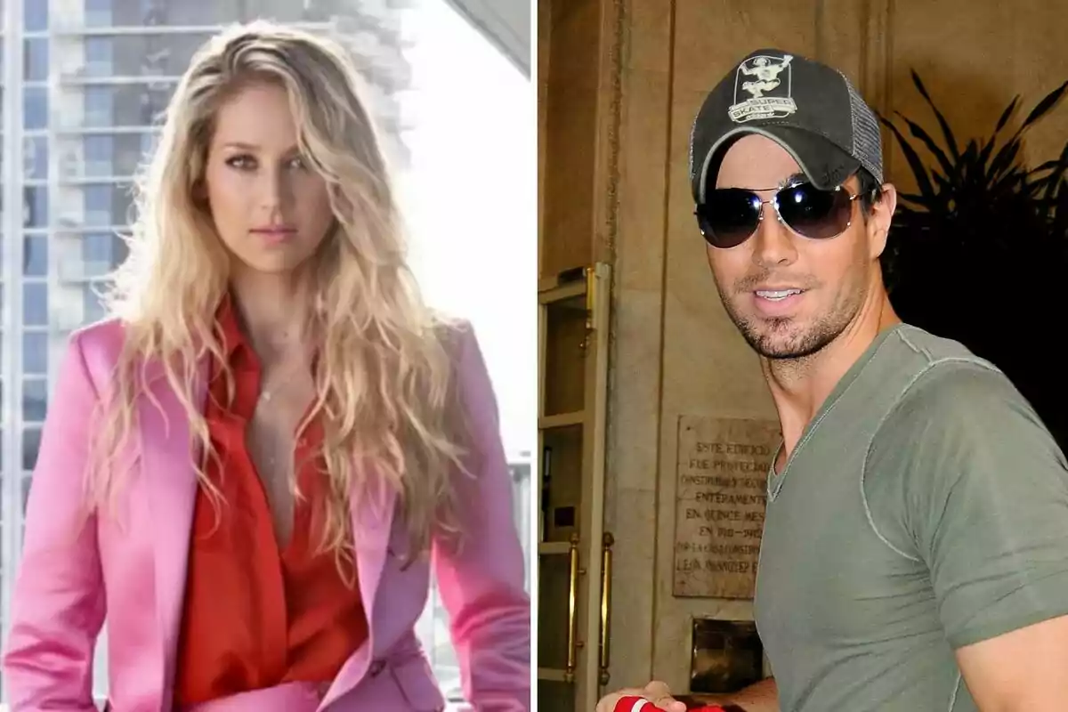 Anna Kournikova con saco rosa y blusa roja está al lado de Enrique Iglesias con gorra, gafas de sol y camiseta verde Anna Kournikova con saco rosa y blusa roja está al lado de Enrique Iglesias con gorra, gafas de sol y camiseta verde