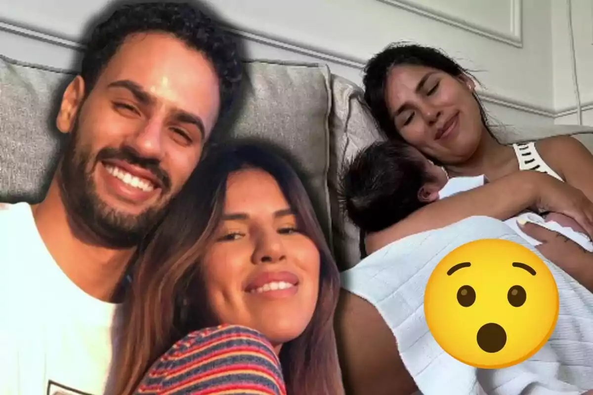 Asraf Beno e Isa Pantoja sonriente en primer plano y una mujer abrazando a un bebé en el fondo con un emoji de sorpresa cubriendo parte de la imagen