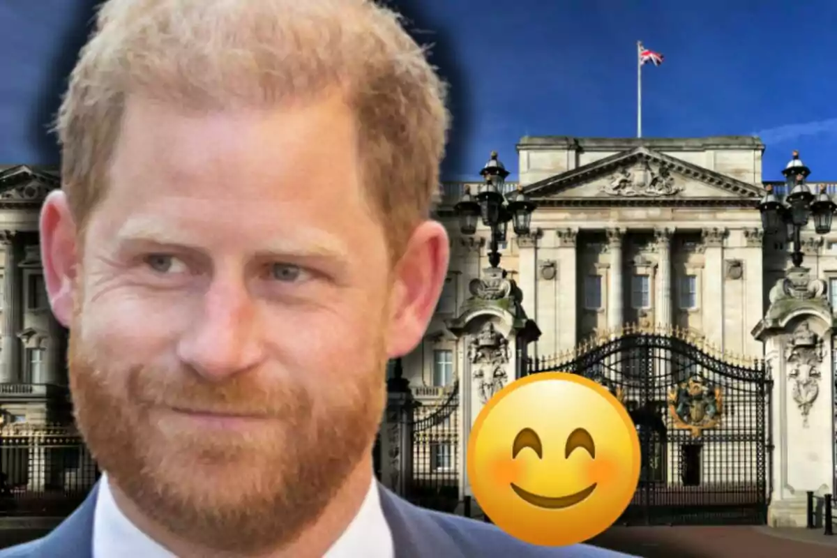 Prince Harry smiles in front of a historic building with a British flag and a smiling emoji in the foreground.
