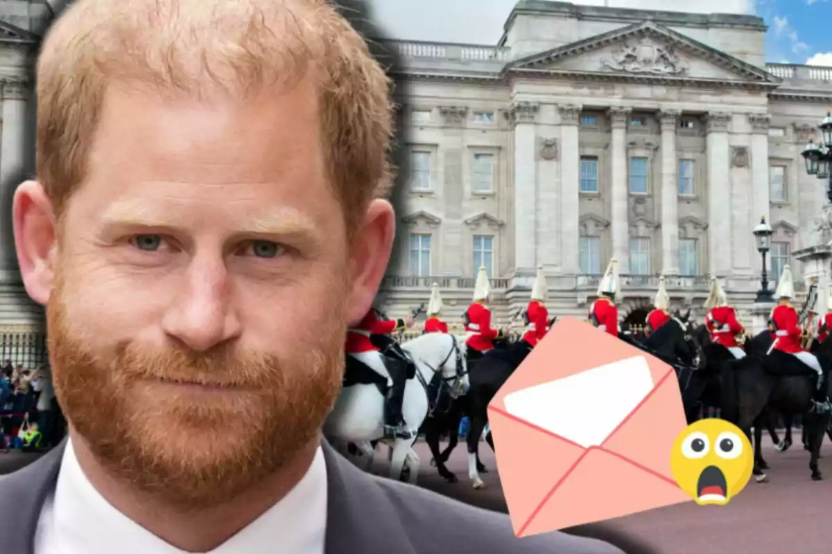 El príncep Harry al capdavant d’un edifici històric, un grup de guàrdies a cavall i un sobre amb un emoji sorprès en primer pla
